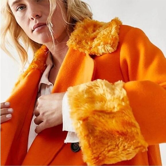 NWT Free People Roxy Wool Coat Fur Collar Trim Lined Oversized Orange Small - Picture 5 of 10
